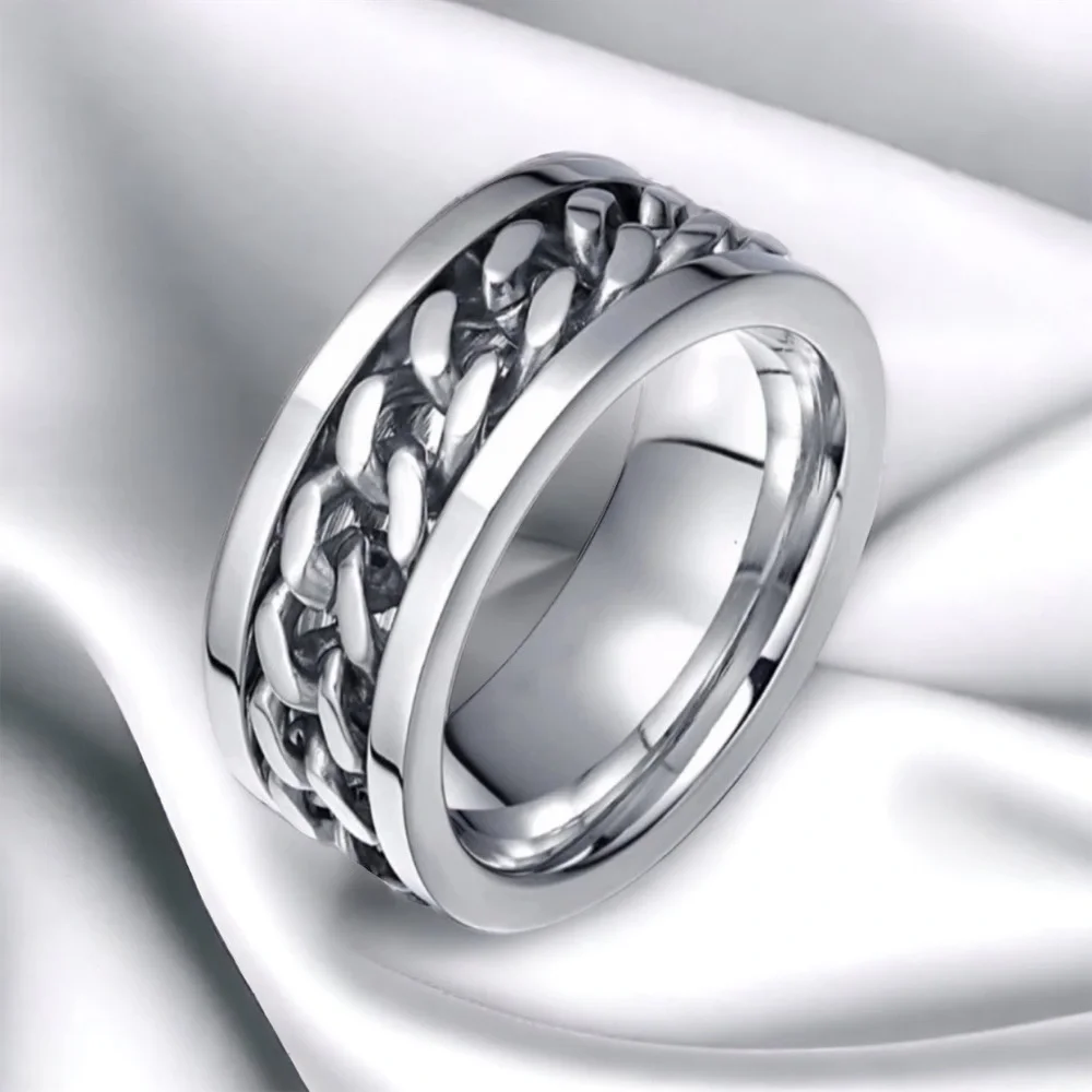 NEW Men’s Chain Spinner Fidget Ring Silver Stainless Steel Jewelry 8mm Wide
